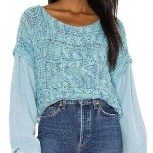 NWT Free People Womens Siren Blue Honey Cable Pullover Knit Sweater Top SMALL